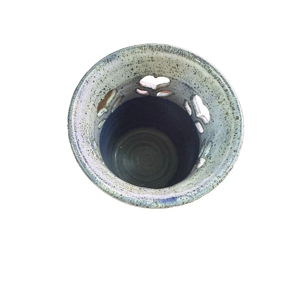 Paul Corbin Art Studio Pottery Stoneware Blue Gray Floral Cutout Utensil Holder